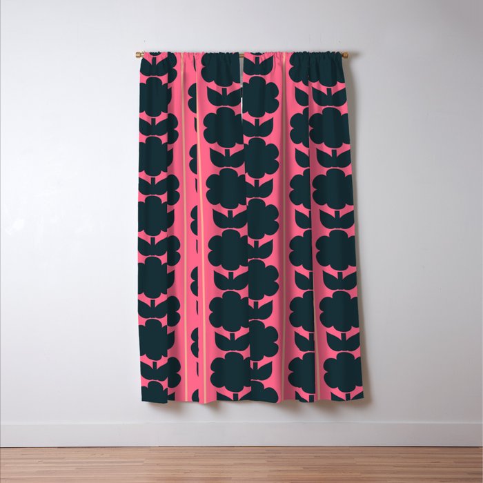 Eclectic Floral Jonnty Flowers and Stripes Pattern in Rich Pink and Dark Blue Window Curtain Gallery Image 3