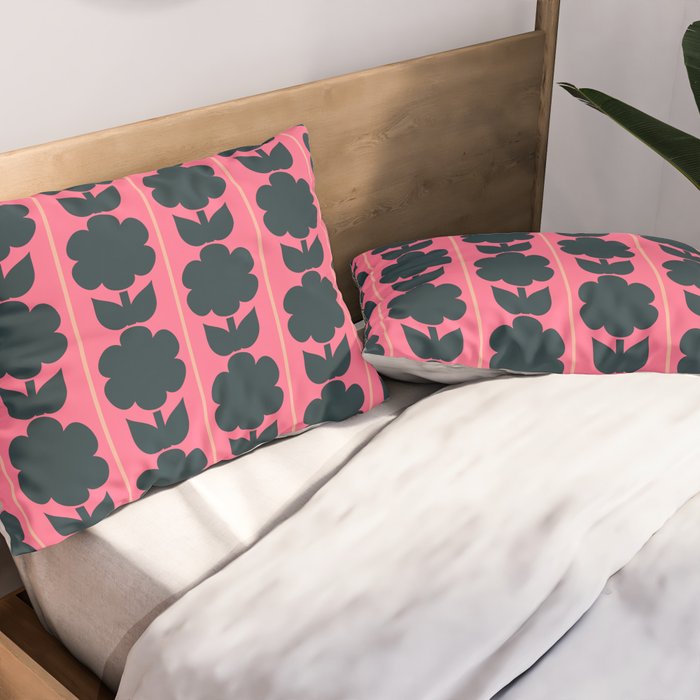 Eclectic Floral Jonnty Flowers and Stripes Pattern in Rich Pink and Dark Blue Pillow Sham Gallery Image 2