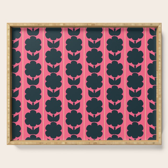 Eclectic Floral Jonnty Flowers and Stripes Pattern in Rich Pink and Dark Blue Serving Tray Gallery Image 1