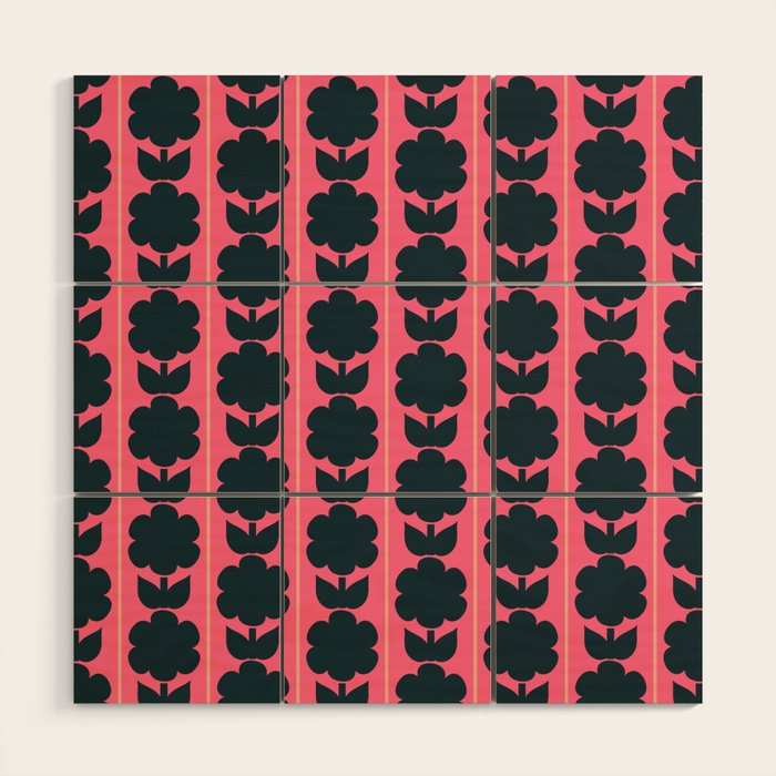 Eclectic Floral Jonnty Flowers and Stripes Pattern in Rich Pink and Dark Blue Wood Wall Art Gallery Image 1