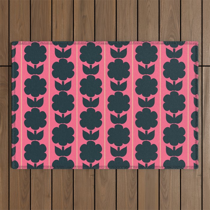 Eclectic Floral Jonnty Flowers and Stripes Pattern in Rich Pink and Dark Blue Outdoor Rug Gallery Image 1