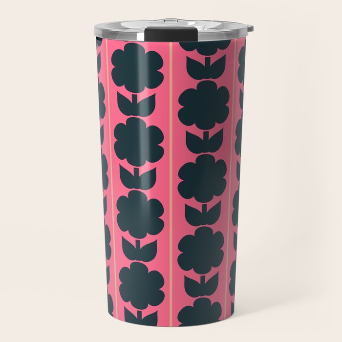 Eclectic Floral Jonnty Flowers and Stripes Pattern in Rich Pink and Dark Blue Travel Mug Gallery Image 1