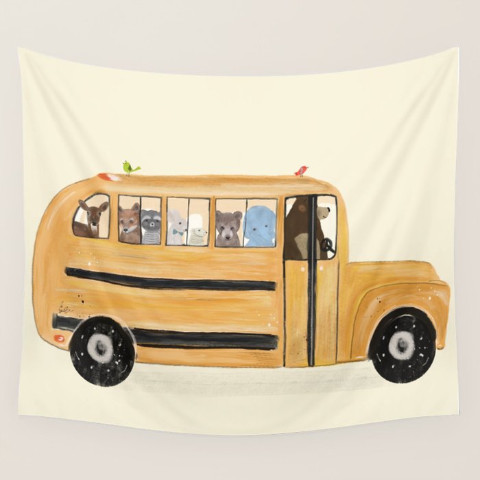little yellow bus Wall Tapestry Gallery Image 1