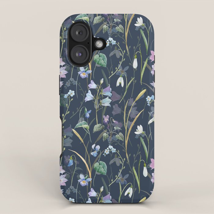 Vintage Bluebell & Snowdrop Navy Blue Floral iPhone Case Gallery Image 1