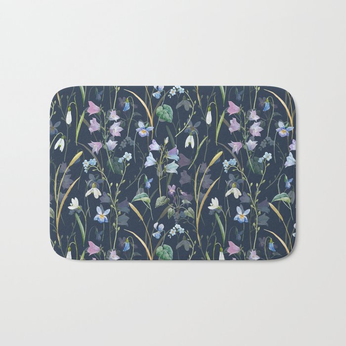 Vintage Bluebell & Snowdrop Navy Blue Floral Bath Mat Gallery Image 1