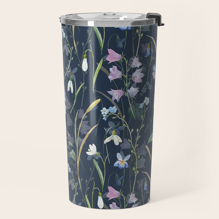 Vintage Bluebell & Snowdrop Navy Blue Floral Travel Mug Gallery Image 2