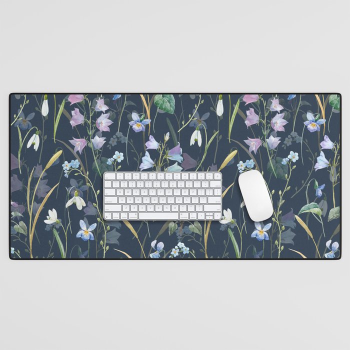 Vintage Bluebell & Snowdrop Navy Blue Floral Desk Mat Gallery Image 1