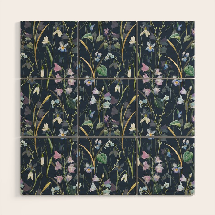 Vintage Bluebell & Snowdrop Navy Blue Floral Wood Wall Art Gallery Image 1