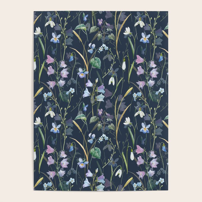 Vintage Bluebell & Snowdrop Navy Blue Floral Poster Gallery Image 4
