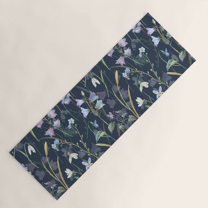 Vintage Bluebell & Snowdrop Navy Blue Floral Yoga Mat Gallery Image 1