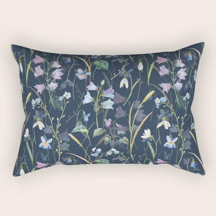 Vintage Bluebell & Snowdrop Navy Blue Floral Rectangular Pillow Gallery Image 1