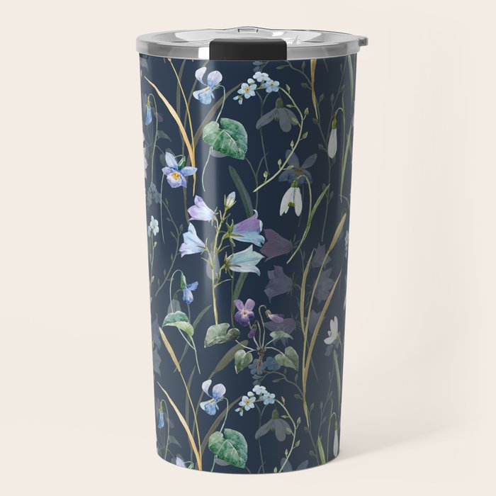 Vintage Bluebell & Snowdrop Navy Blue Floral Travel Mug Gallery Image 1