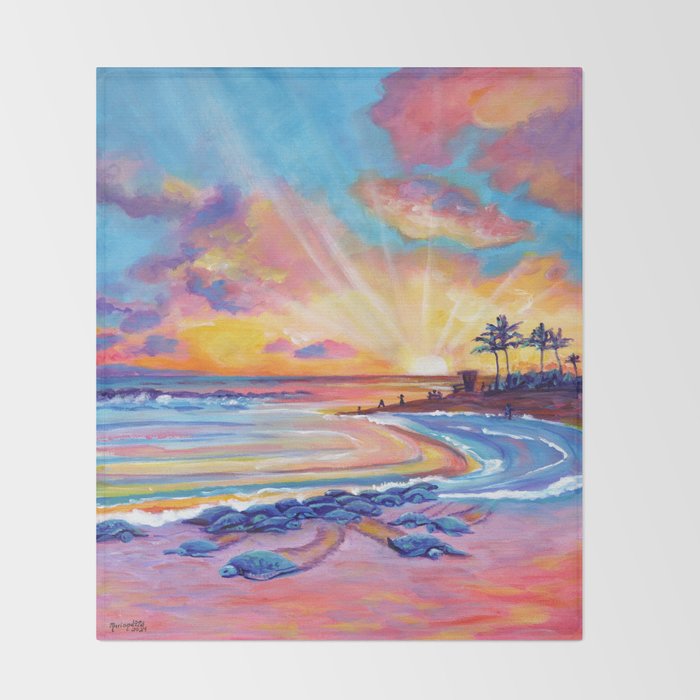 Poipu Turtles at Sunset Throw Blanket Gallery Image 2