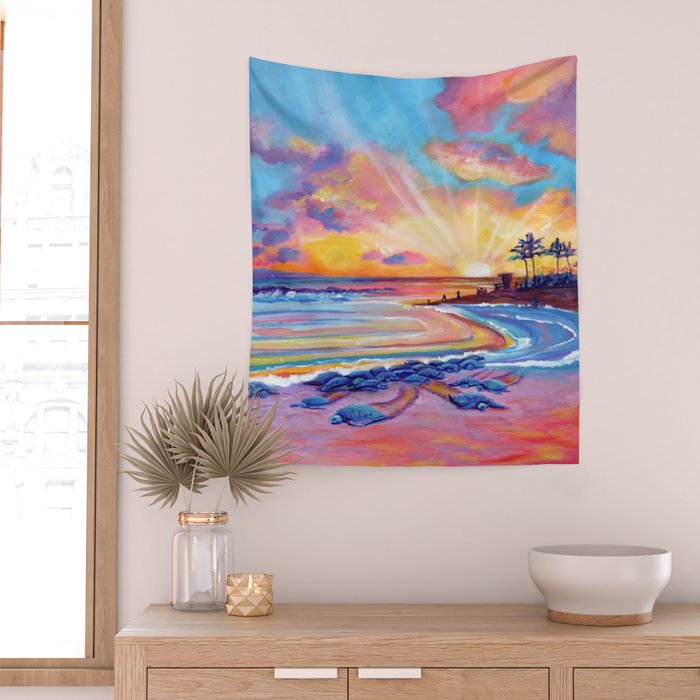 Poipu Turtles at Sunset Wall Tapestry Gallery Image 2
