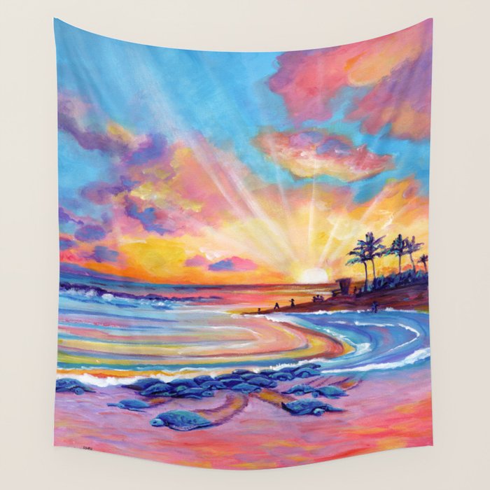 Poipu Turtles at Sunset Wall Tapestry Gallery Image 1