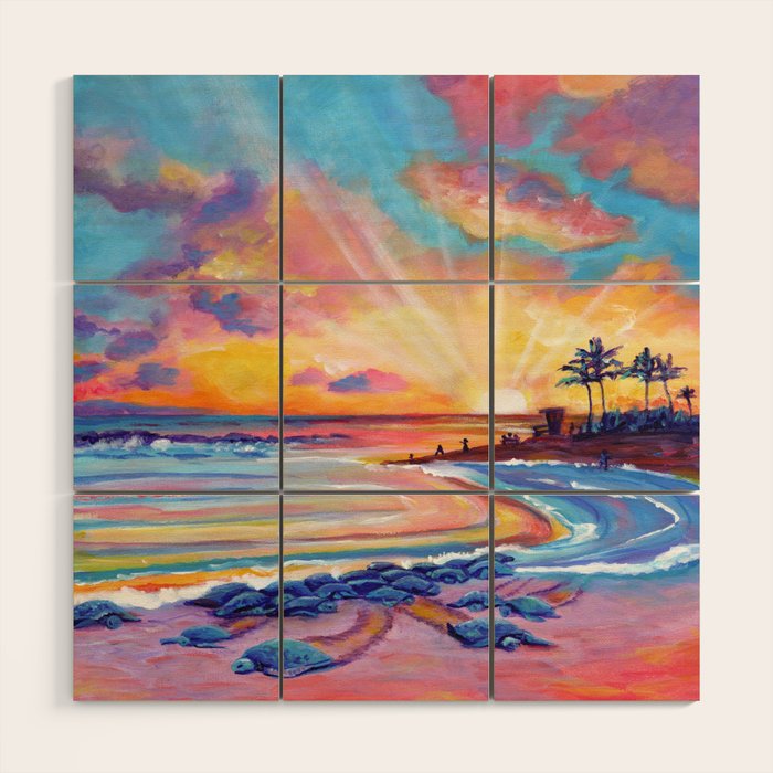 Poipu Turtles at Sunset Wood Wall Art Gallery Image 1