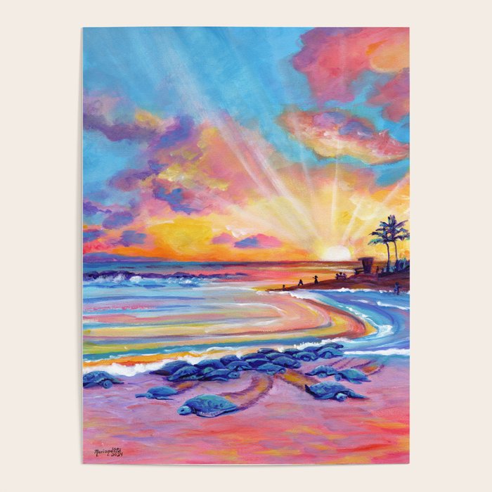 Poipu Turtles at Sunset Poster Gallery Image 1