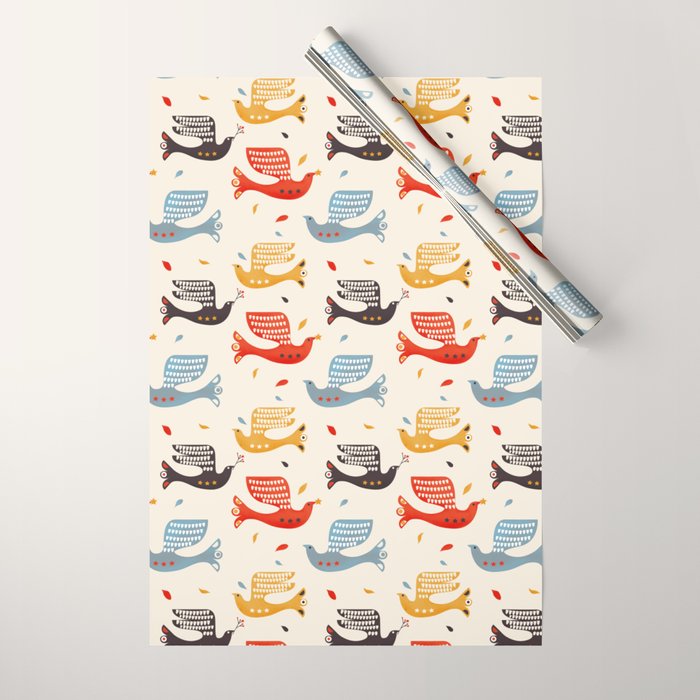 Festive Birds retro pattern Wrapping Paper Gallery Image 1