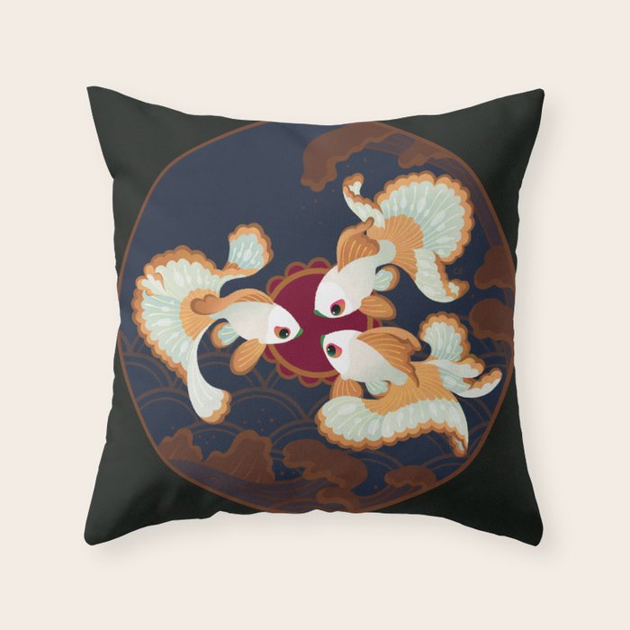 Three tosakin goldfish Throw Pillow Gallery Image 1