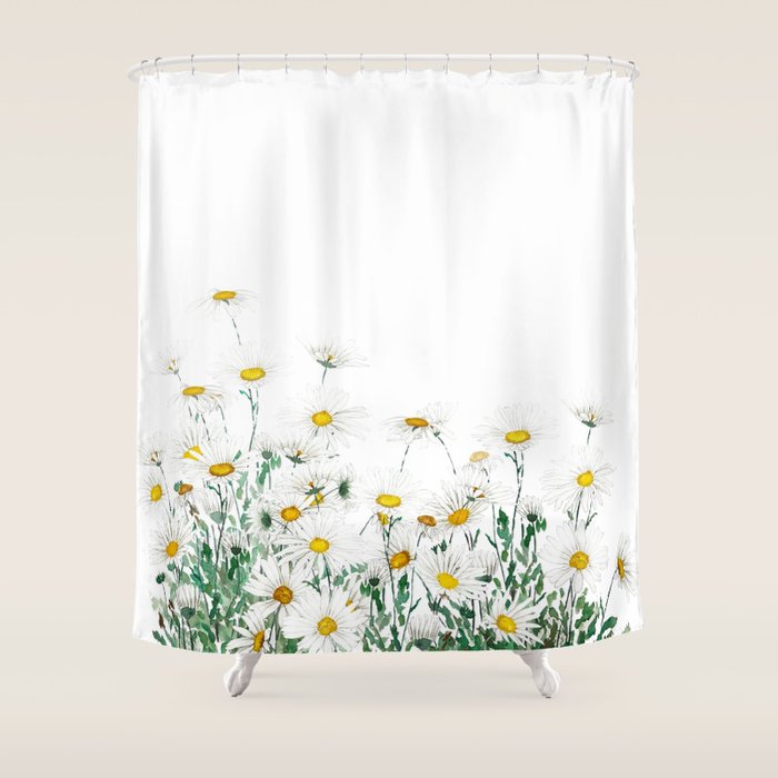 white margaret daisy horizontal watercolor painting Shower Curtain Gallery Image 1