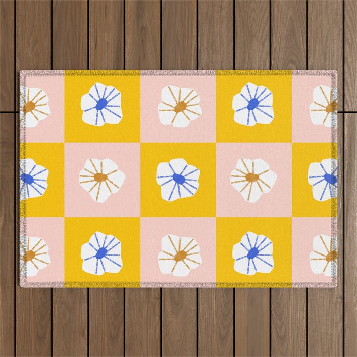 White Checkered Flowers Outdoor Rug Gallery Image 1