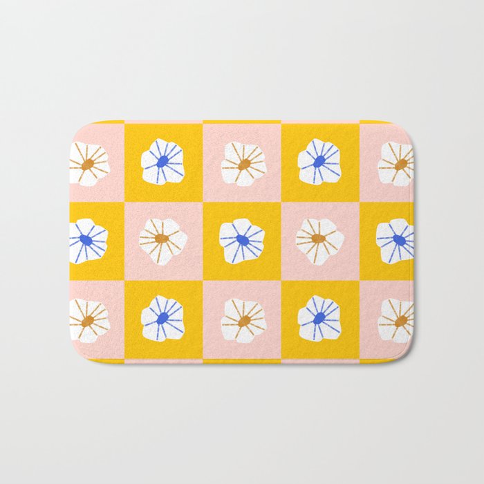 White Checkered Flowers Bath Mat Gallery Image 1