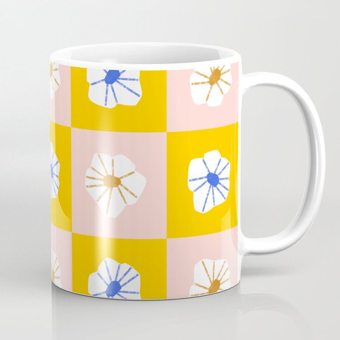 White Checkered Flowers Coffee Mug Gallery Image 1