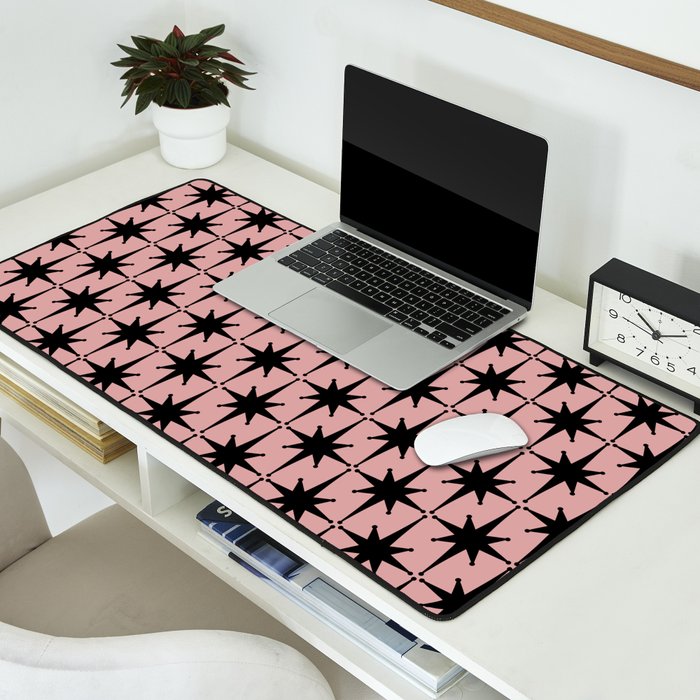 Atomic Age 1950s Retro Starburst Pattern in Black and 50s Dusty Blush Pink Desk Mat Gallery Image 2
