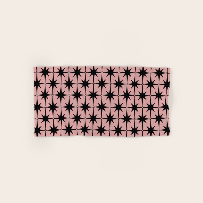 Atomic Age 1950s Retro Starburst Pattern in Black and 50s Dusty Blush Pink Bath Towel Gallery Image 1