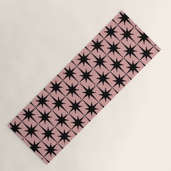Atomic Age 1950s Retro Starburst Pattern in Black and 50s Dusty Blush Pink Yoga Mat Gallery Image 1
