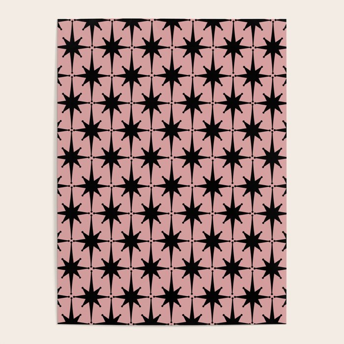 Atomic Age 1950s Retro Starburst Pattern in Black and 50s Dusty Blush Pink Poster Gallery Image 4