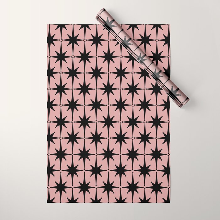Atomic Age 1950s Retro Starburst Pattern in Black and 50s Dusty Blush Pink Wrapping Paper Gallery Image 1