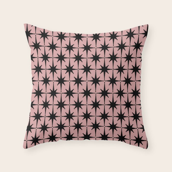 Atomic Age 1950s Retro Starburst Pattern in Black and 50s Dusty Blush Pink Throw Pillow Gallery Image 6