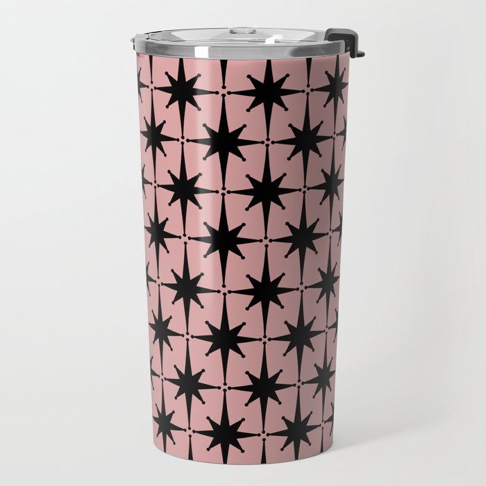 Atomic Age 1950s Retro Starburst Pattern in Black and 50s Dusty Blush Pink Travel Mug Gallery Image 2