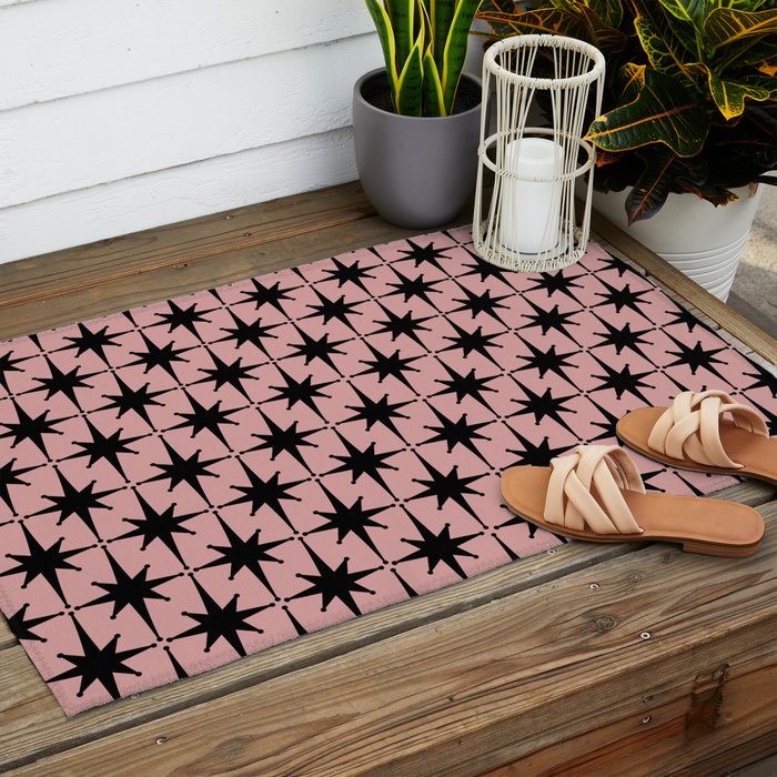 Atomic Age 1950s Retro Starburst Pattern in Black and 50s Dusty Blush Pink Outdoor Rug Gallery Image 2