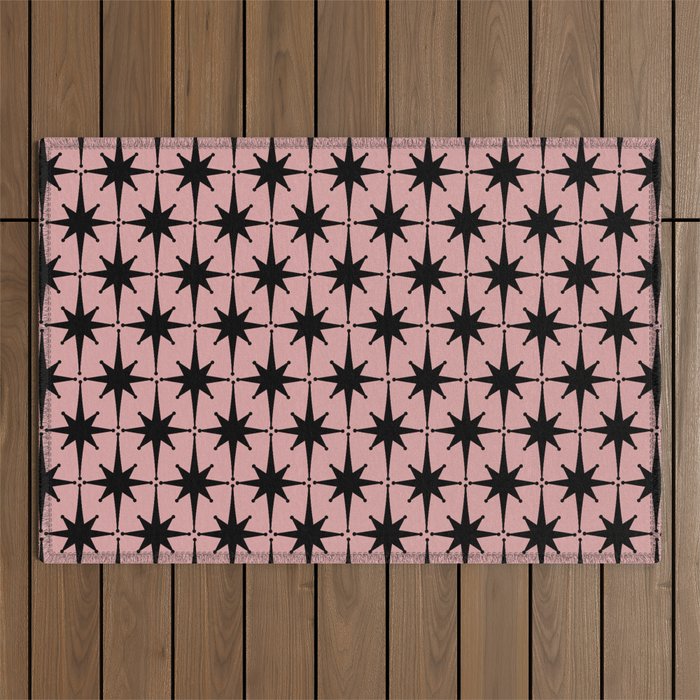 Atomic Age 1950s Retro Starburst Pattern in Black and 50s Dusty Blush Pink Outdoor Rug Gallery Image 1