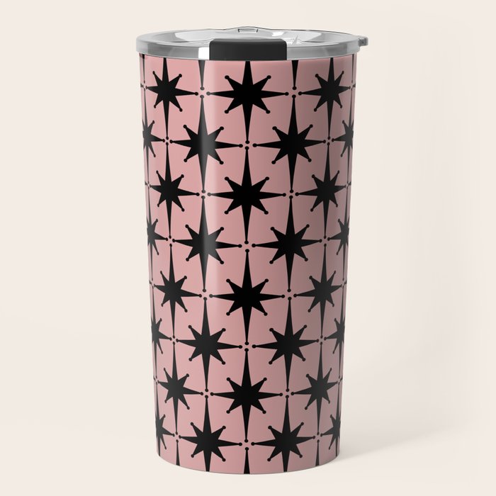Atomic Age 1950s Retro Starburst Pattern in Black and 50s Dusty Blush Pink Travel Mug Gallery Image 1