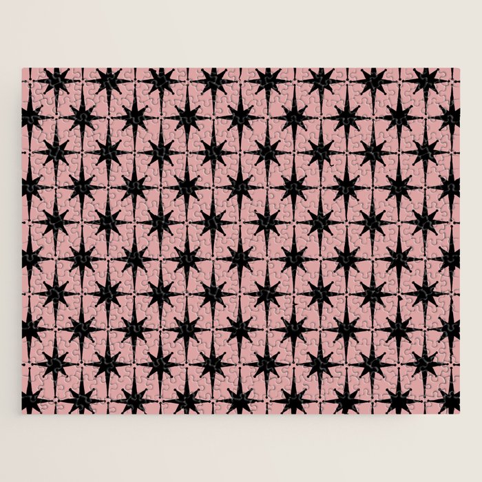 Atomic Age 1950s Retro Starburst Pattern in Black and 50s Dusty Blush Pink Jigsaw Puzzle Gallery Image 1