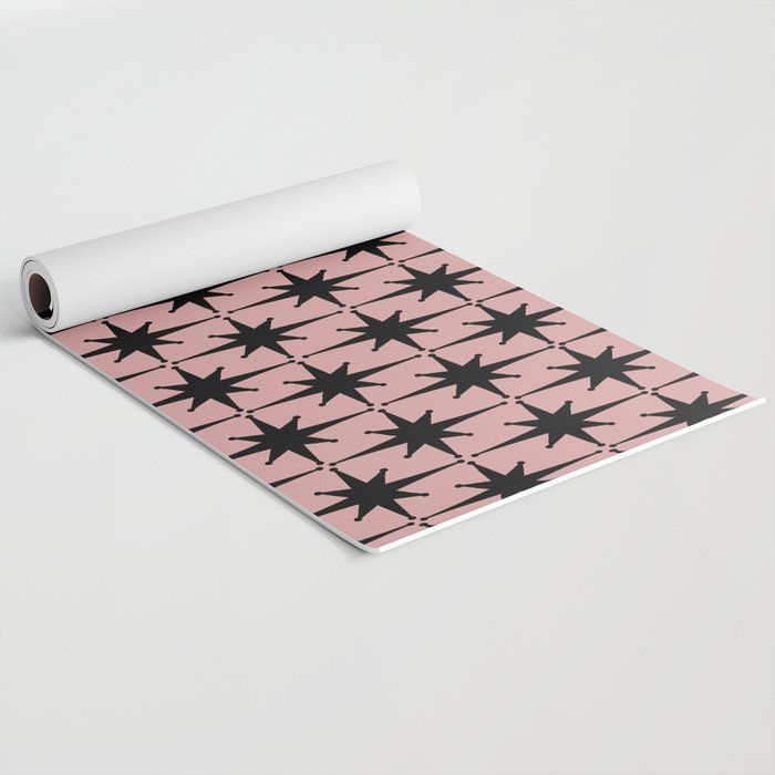 Atomic Age 1950s Retro Starburst Pattern in Black and 50s Dusty Blush Pink Yoga Mat Gallery Image 2