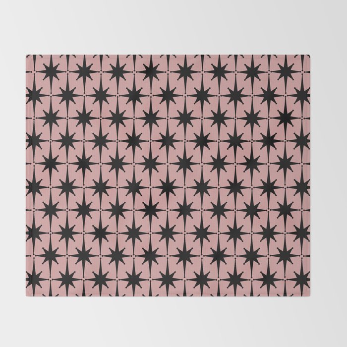 Atomic Age 1950s Retro Starburst Pattern in Black and 50s Dusty Blush Pink Throw Blanket Gallery Image 2