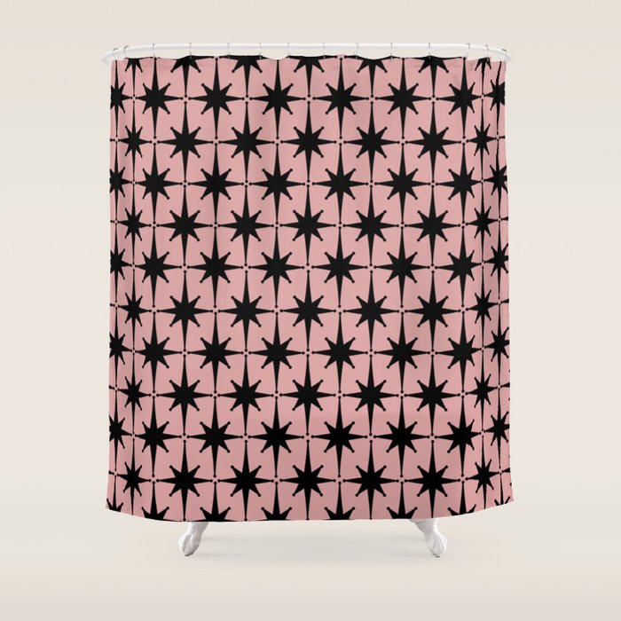 Atomic Age 1950s Retro Starburst Pattern in Black and 50s Dusty Blush Pink Shower Curtain Gallery Image 1
