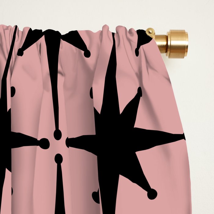 Atomic Age 1950s Retro Starburst Pattern in Black and 50s Dusty Blush Pink Window Curtain Gallery Image 2