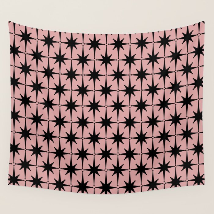 Atomic Age 1950s Retro Starburst Pattern in Black and 50s Dusty Blush Pink Wall Tapestry Gallery Image 4
