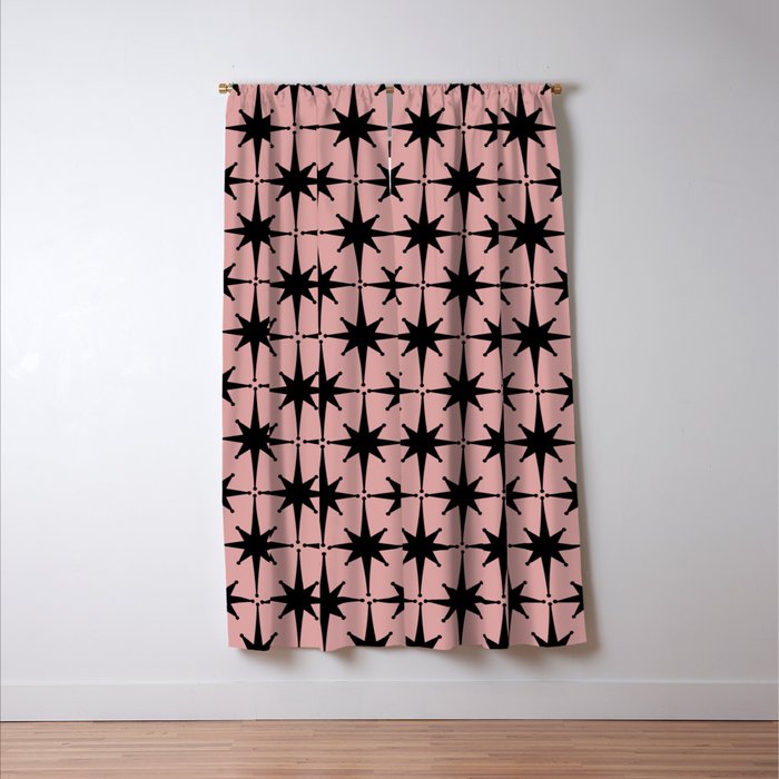 Atomic Age 1950s Retro Starburst Pattern in Black and 50s Dusty Blush Pink Window Curtain Gallery Image 3