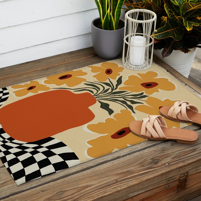 Summer flowerpot with check  Outdoor Rug Gallery Image 2