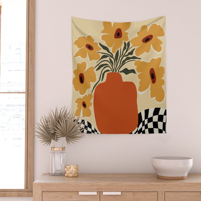 Summer flowerpot with check  Wall Tapestry Gallery Image 2