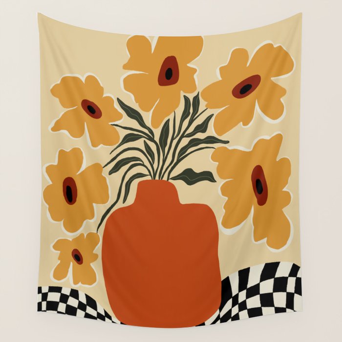 Summer flowerpot with check  Wall Tapestry Gallery Image 1