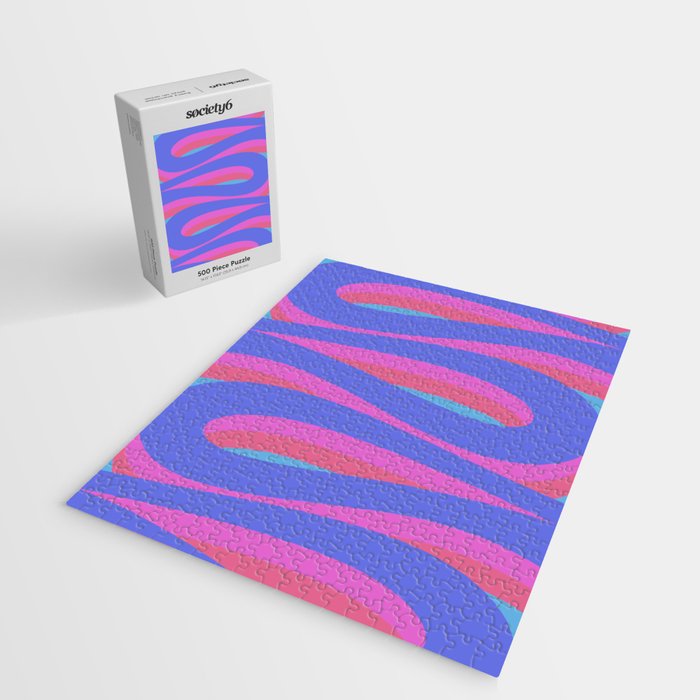 Pop Swirl Wavy Minimalist Abstract Pattern Blue and Hot Pink Jigsaw Puzzle Gallery Image 2