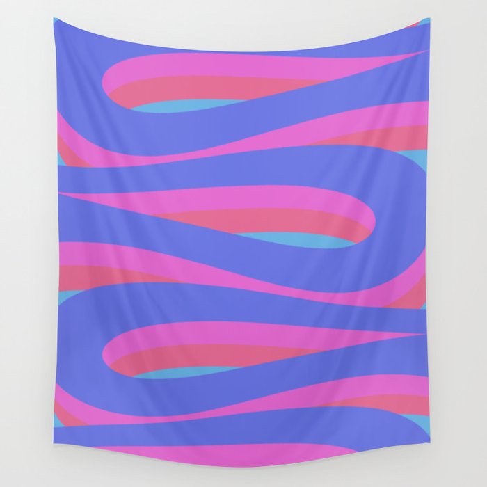 Pop Swirl Wavy Minimalist Abstract Pattern Blue and Hot Pink Wall Tapestry Gallery Image 4