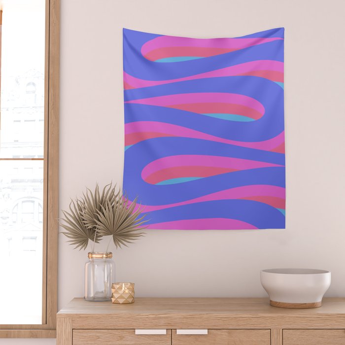 Pop Swirl Wavy Minimalist Abstract Pattern Blue and Hot Pink Wall Tapestry Gallery Image 2